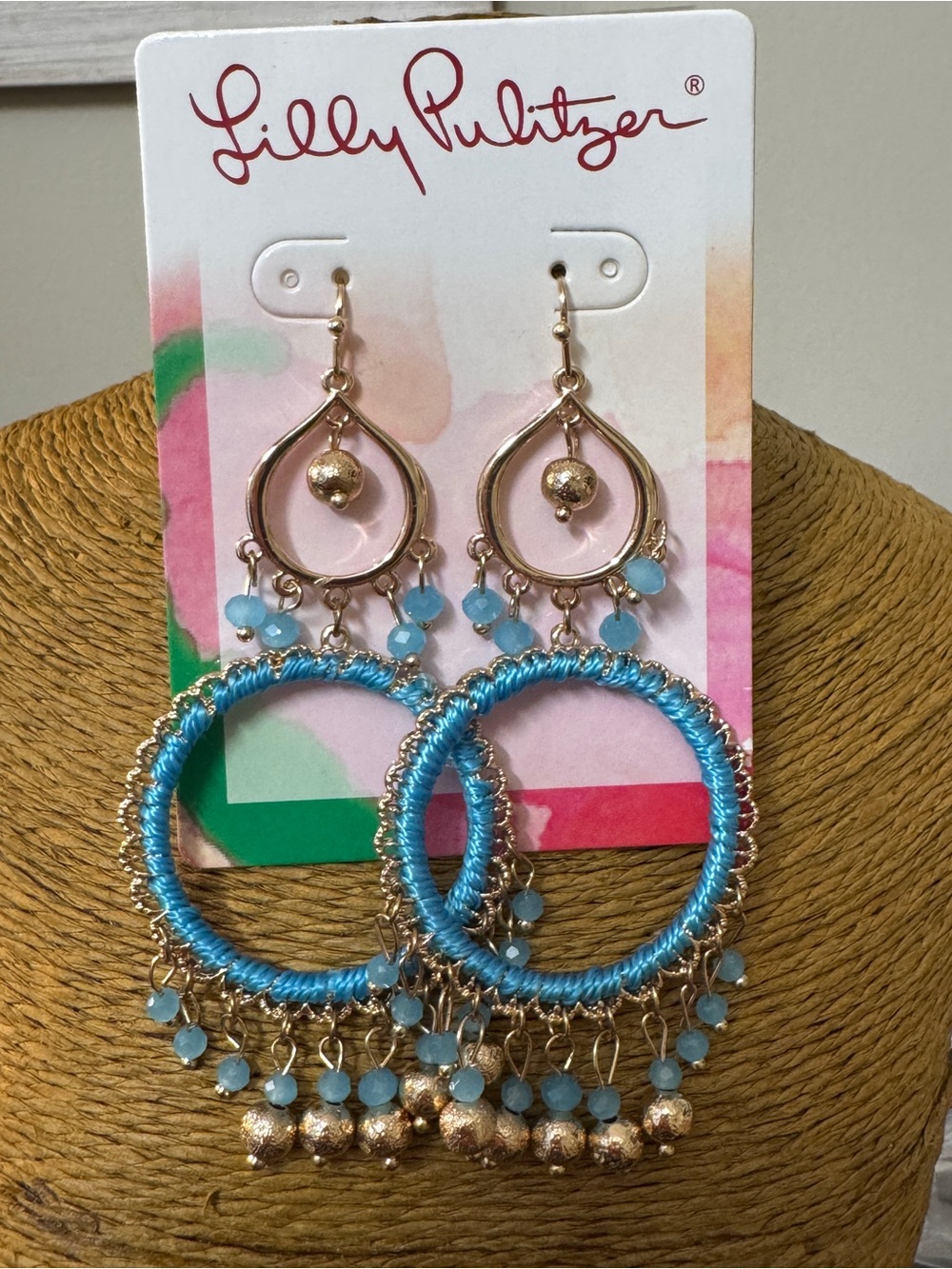 Lilly Pulitzer Turquoise Blue and Gold Hoop Chandelier Earrings